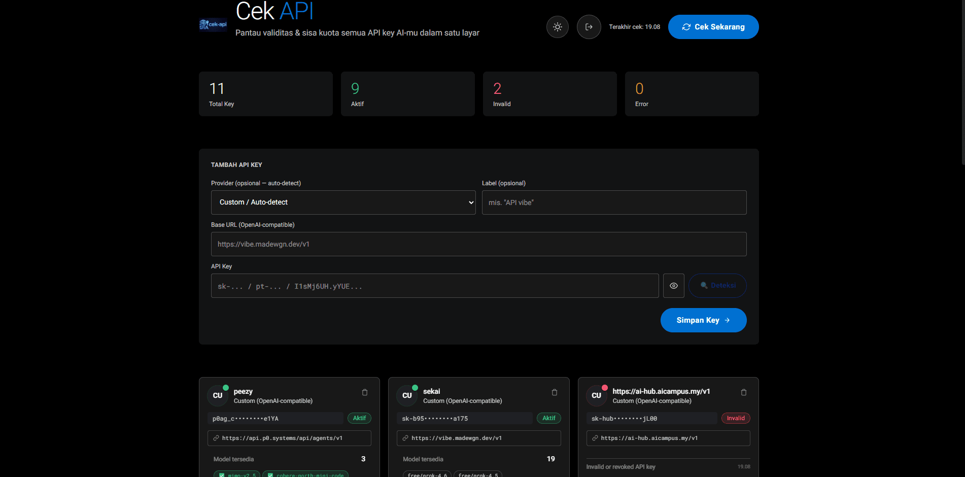 Cek API dashboard interface — API Key Monitor
