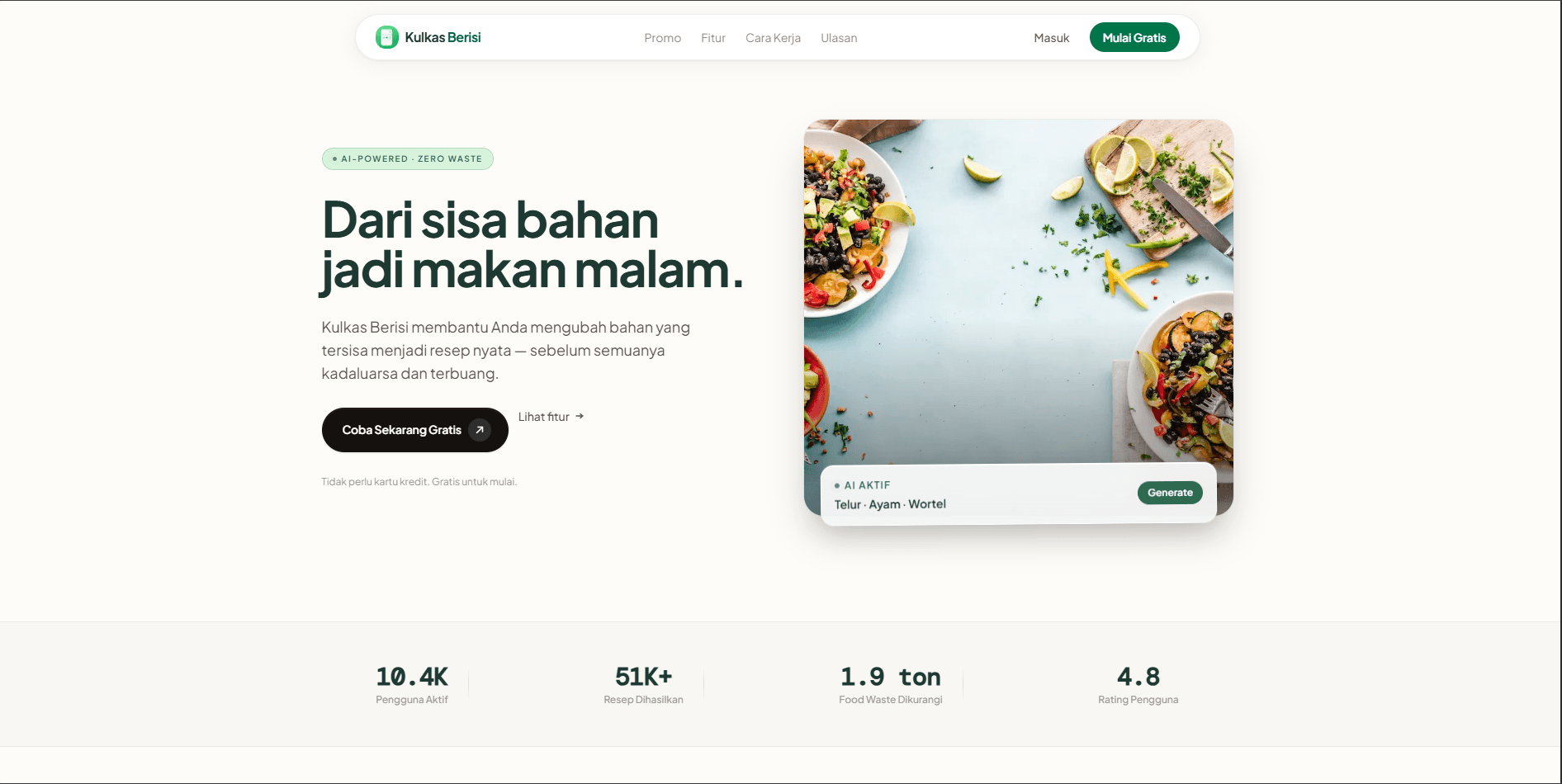 Kulkas Berisi landing page featuring AI Recipe Generator